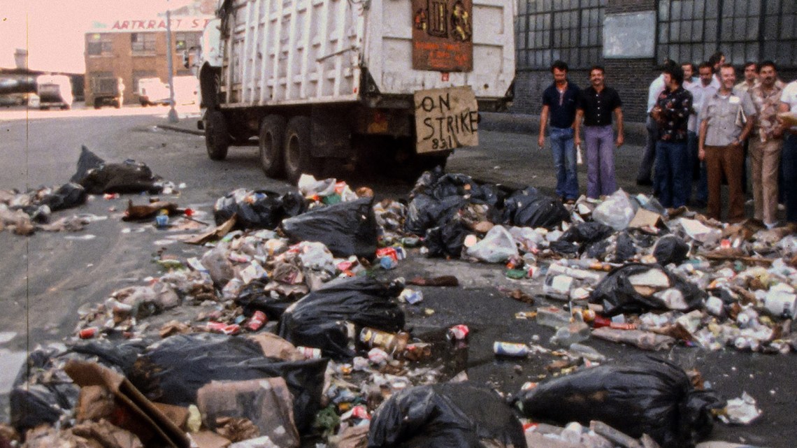 Sanitation workers on strike, New York City, 1975